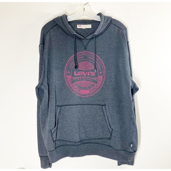 Levi's Grey Logo Front Long Sleeve Pullover Hoodie Men's Size Large L Euc - Picture 1 of 3